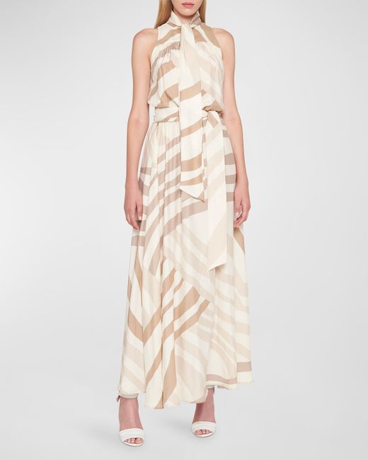Kiton Abstract-Print Scarf-Neck Belted Silk Maxi Dress
