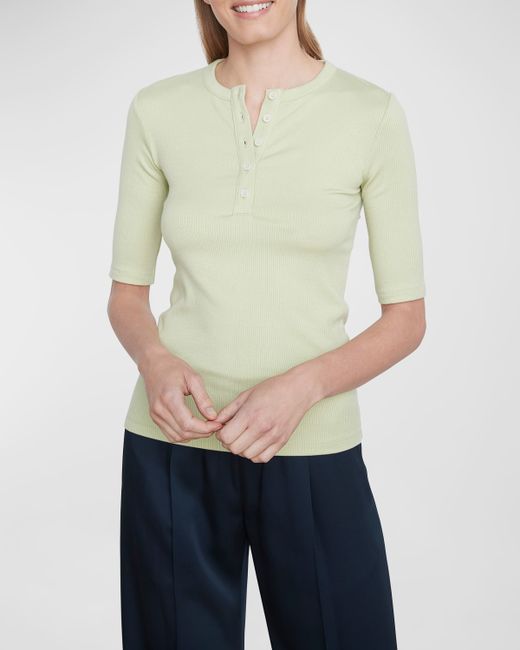 Vince Ribbed Elbow-Sleeve Henley Top