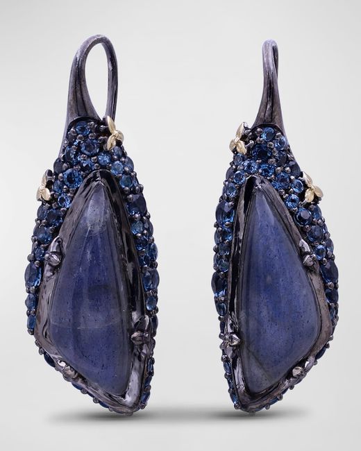 Stephen Dweck Moonstone and Blue Topaz Earrings in Blackened Sterling with 18K Gold Flowers