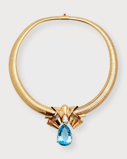 NM Estate Estate 18K Gold Aquamarine Pear and Diamond Bow Necklace