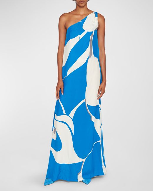 Kiton Abstract-Print One-Shoulder Silk Maxi Dress