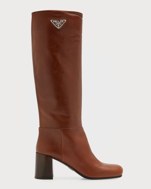 Prada Leather Block-Heel Knee Boots