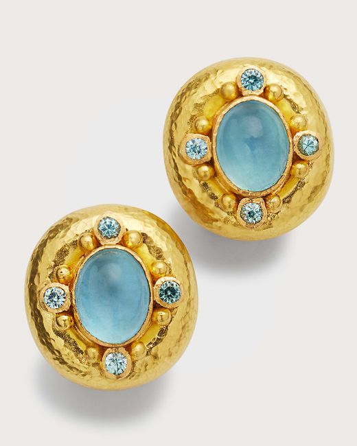 Elizabeth Locke 19K Yellow Gold Vertical Oval Cabochon Aquamarine Earrings with Zircon