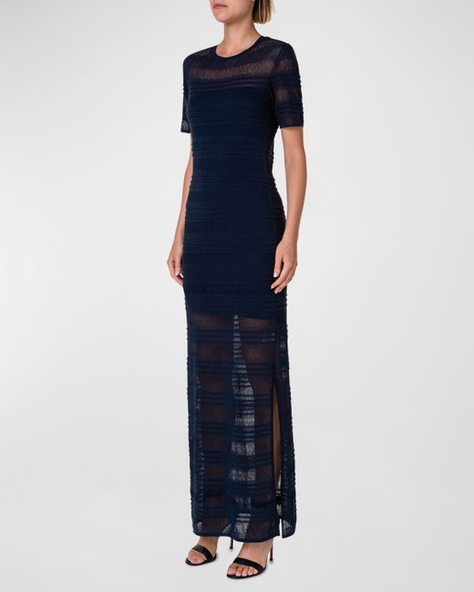 Akris Pleated Lace Knit Short-Sleeve Maxi Dress