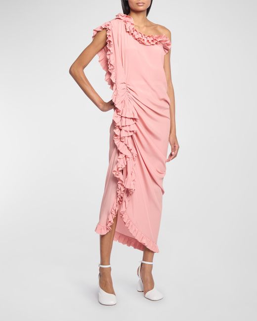 Dries Van Noten Dinas Ruched One-Shoulder Midi Dress with Ruffle Trim