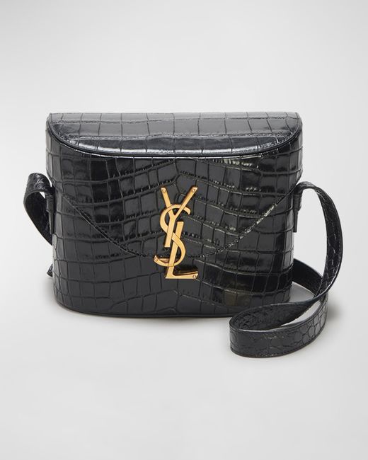 Saint Laurent June Box YSL Croc-Embossed Shoulder Bag