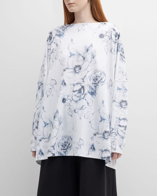 eskandar Long Floral-Print T-Shirt with Slash Neck