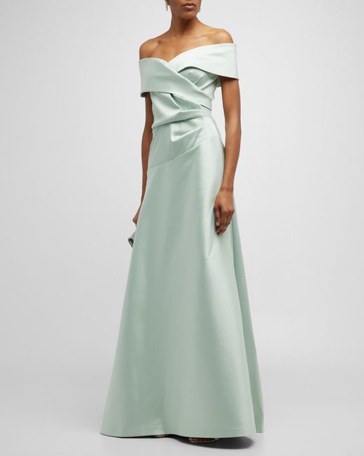 Rickie Freeman for Teri Jon Off-Shoulder Draped A-Line Gown