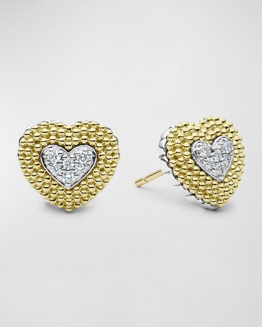 Lagos Diamond Heart Stud Earrings in 18K Gold and Sterling