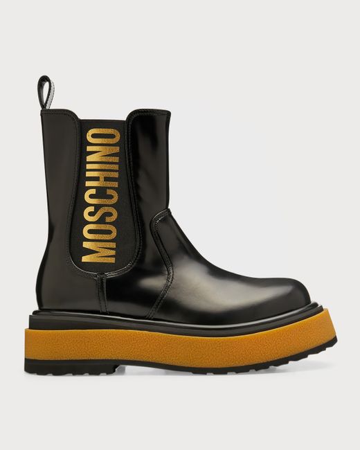 Moschino Beatle Elastic Logo Leather Chelsea Boots