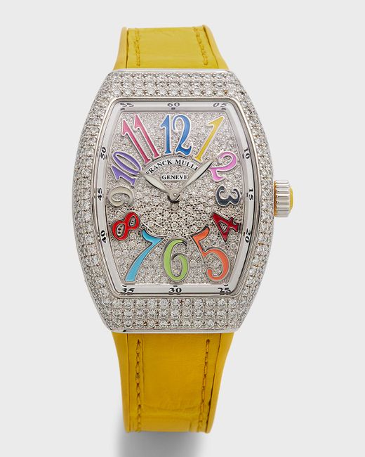 Franck Muller 32mm Stainless Steel Vanguard Dreams Diamond Watch with Yellow Alligator Strap