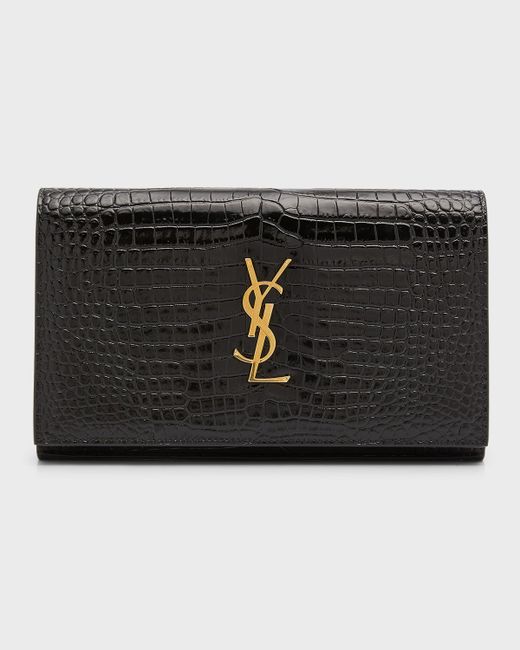 Saint Laurent YSL Croc-Embossed Leather Wallet on Chain