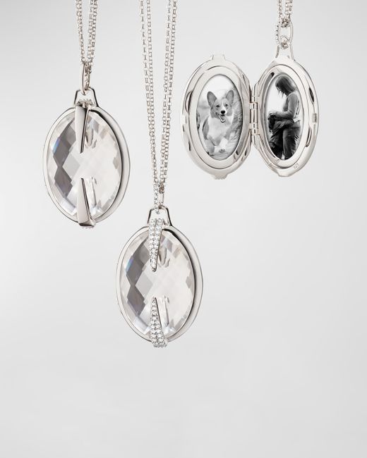 Monica Rich Kosann Sterling Large Oval Locket with Rock Crystal and White Sapphires on Double Mini Round Cable Chain 30L