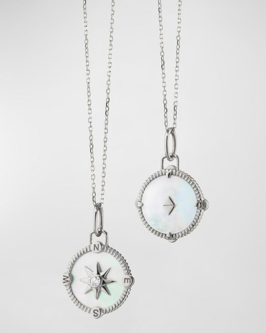 Monica Rich Kosann Sterling Round Mother-of-Pearl Compass Charm with White Sapphires on Mini Diamond-Cut Chain 18L