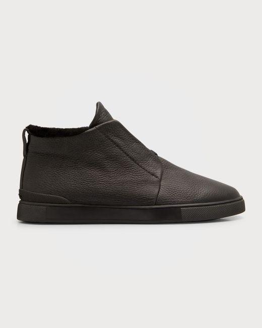 Z Zegna Triple Stitch Shearling-Lined Leather High-Top Sneakers