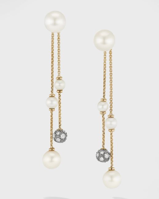 David Yurman Pearl and Pave Two Row Drop Earrings with Diamonds in 18K Gold 8mm 2.1L