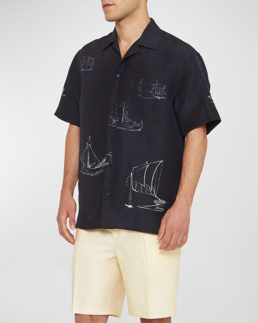 Brioni Sail-Print Cotton Camp Shirt
