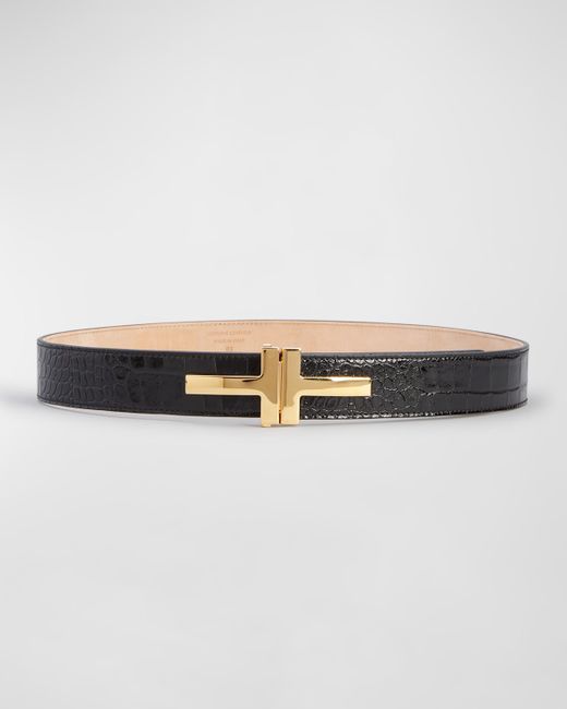 Tom Ford Double T Croc-Embossed Leather Belt