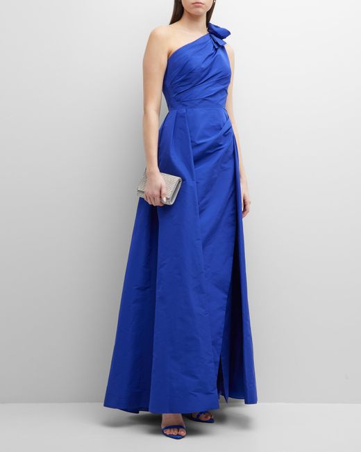 Rickie Freeman for Teri Jon Pleated One-Shoulder A-Line Gown