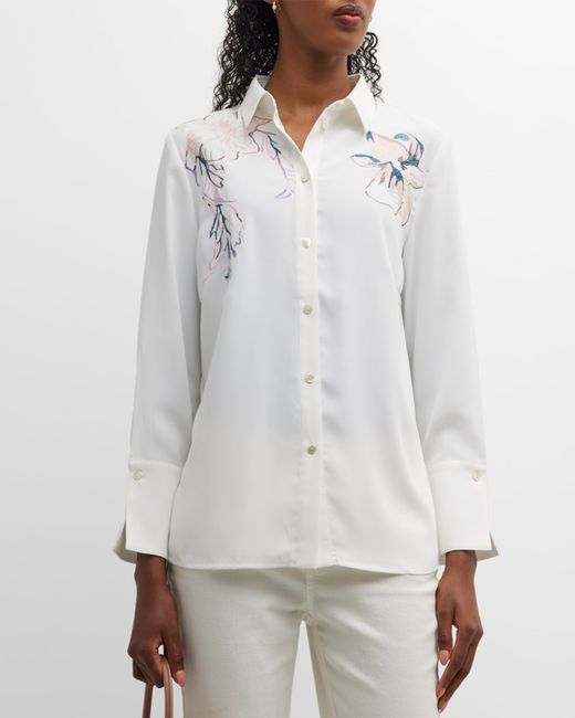 Misook Crepe De Chine Button-Front Blouse with Floral Embroidery