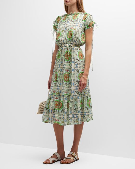 Tory Burch Carousel-Print Off-Shoulder Midi Dress
