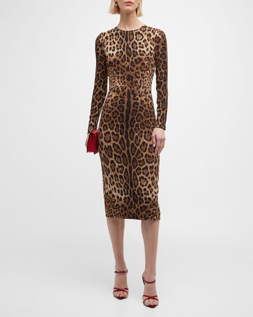 Dolce & Gabbana Leopard-Print Long-Sleeve Midi Dress