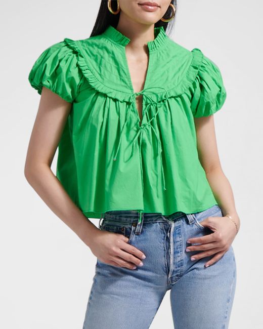 Love The Label Sylvia Puff-Sleeve Front-Tie Cotton Top
