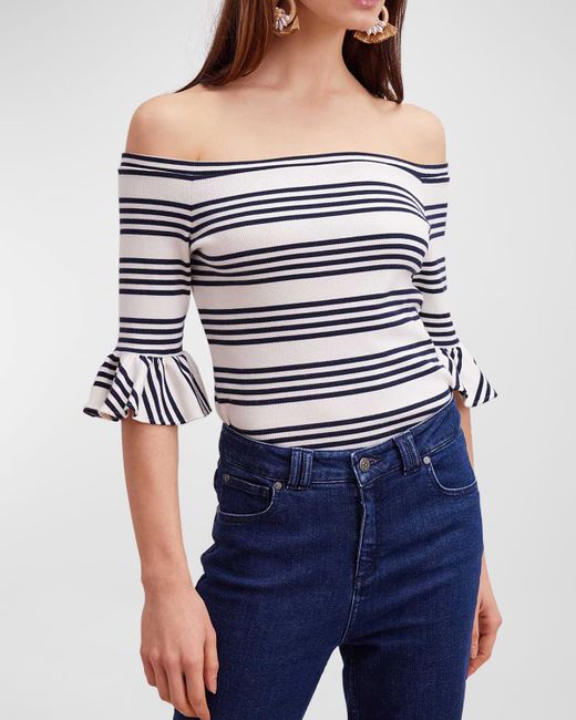 Anne Fontaine Crayon Striped Off-Shoulder Bell-Sleeve Sweater