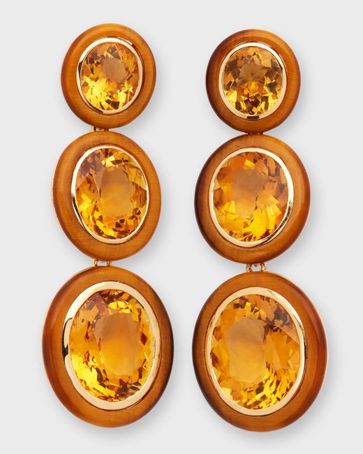 Goshwara Melange 3-Tier Oval Earrings in 18k Gold with Citrine Tigers Eye