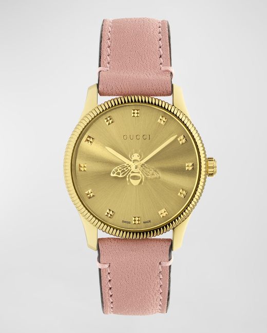 Gucci 29mm Bee Logo PVD Watch with Light Leather Strap