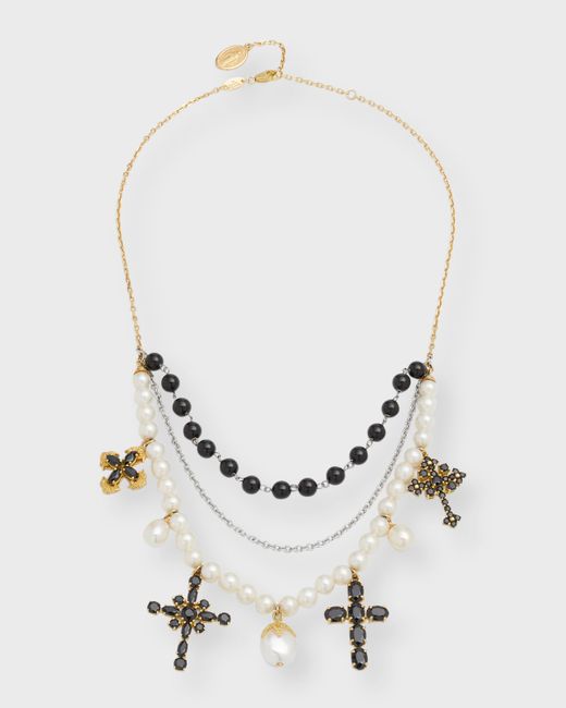 Dolce & Gabbana 18K Yellow and White Gold Black Sapphire Pearl Cross Choker Necklace