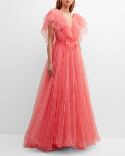 Jenny Packham Ibis Embellished Tiered Ruffle Plunging Gown