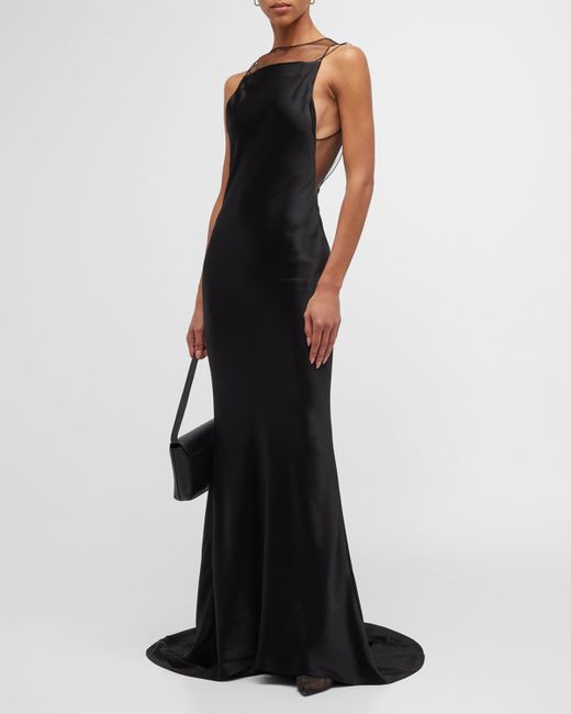 Maison Margiela Satin Open-Back Trumpet Gown with Sheer Detail