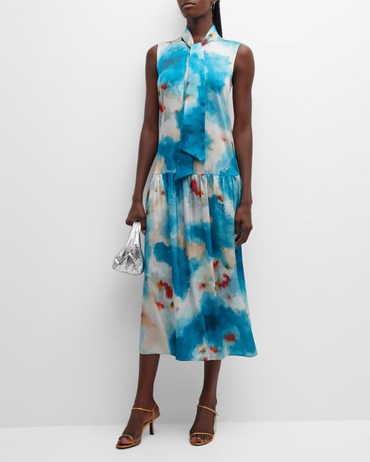 Misook Watercolor-Print Tie-Neck Crepe Midi Dress