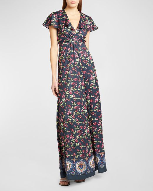 Etro Berry-Print Cape-Sleeve Jersey Gown