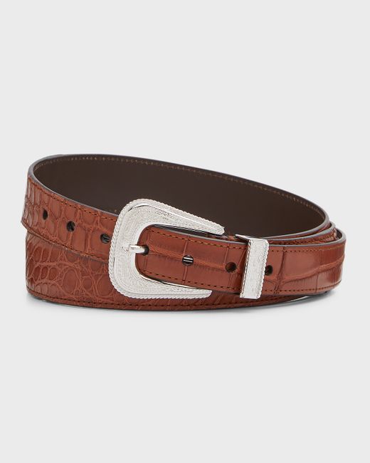 Brunello Cucinelli Western Buckle Croc-Embossed Leather Belt
