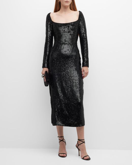 Rasario Sequin Long-Sleeve Side-Slit Midi Dress