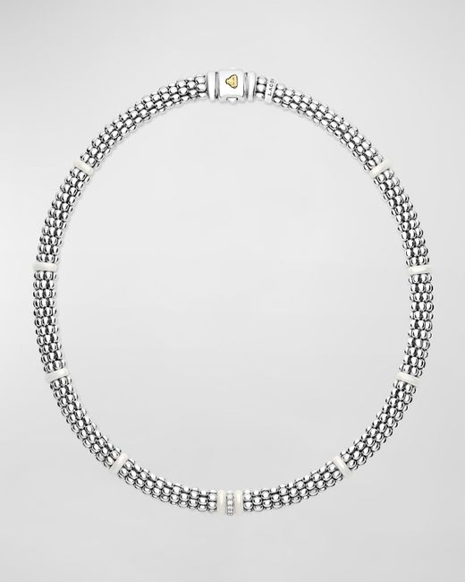 Lagos Sterling and Gold White Caviar Ceramic Diamond Link Necklace