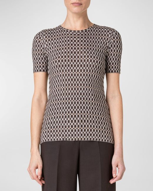 Akris Two-Tone Check Ribbed Short-Sleeve Top
