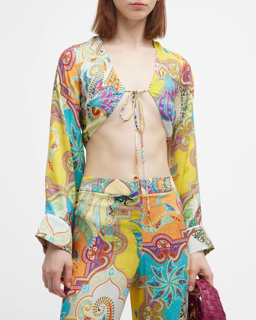 Adriana Iglesias Thais Patchwork-Print Flare-Sleeve Silk Crop Top