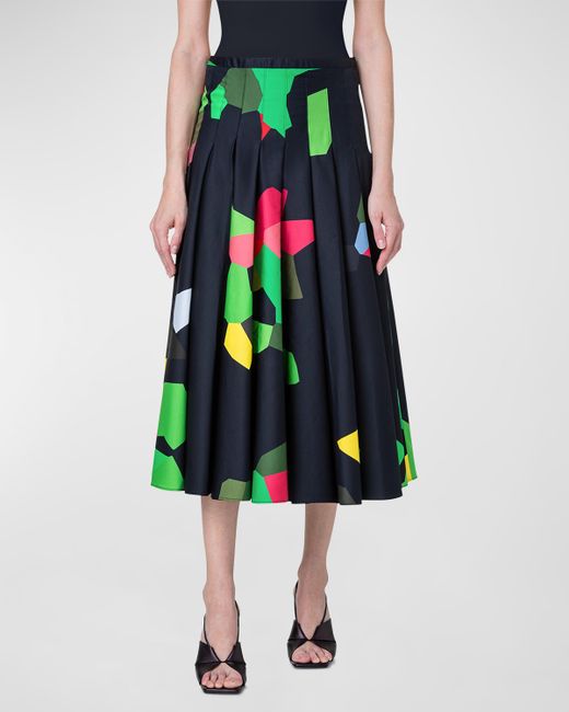 Akris Punto XL Kaleidoscope Print Pleated A-Line Midi Skirt
