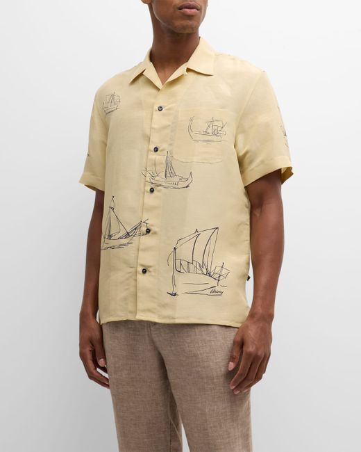 Brioni Sail-Print Cotton Camp Shirt