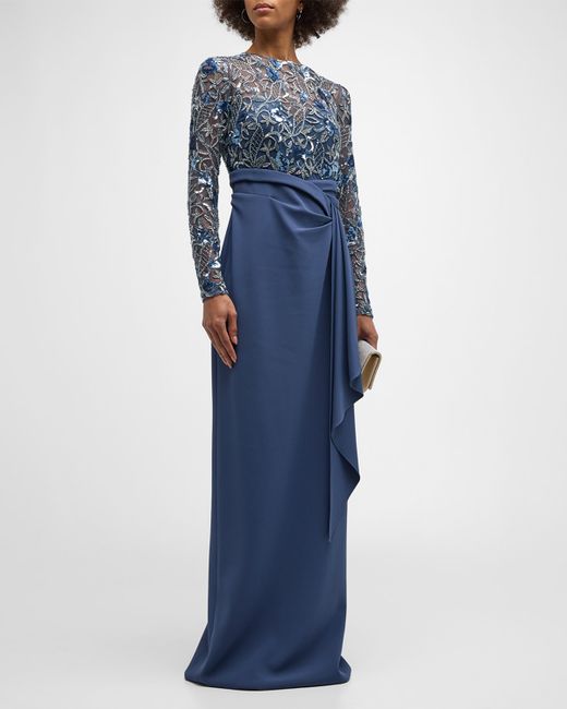Pamella Roland Embroidered Long Sleeve Crepe Gown