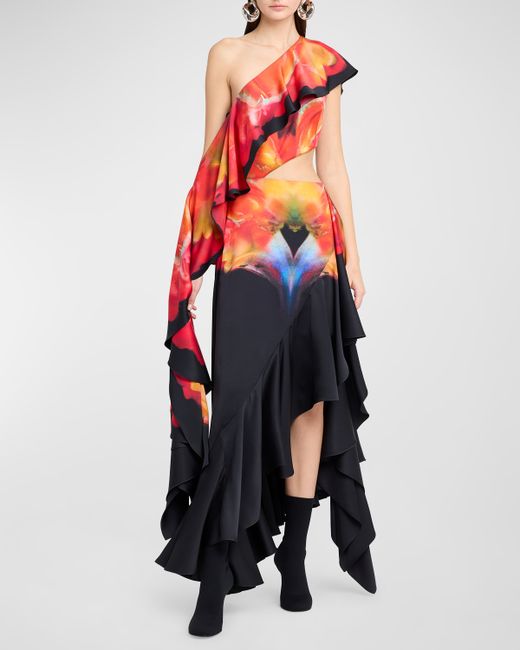 Alexander McQueen One-Shoulder Asymmetric Evening Dress with Ruffle Details