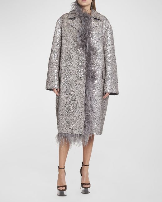 Valentino Garavani Sequin Embroidered Long Coat with Feather Trim