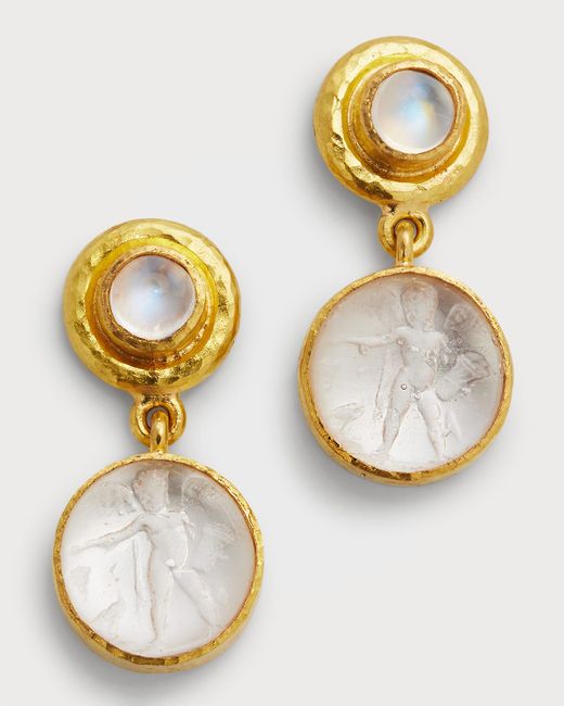 Elizabeth Locke 19K Venetian Glass Intaglio Swinging Earrings with Round 5mm Cabochon Stone