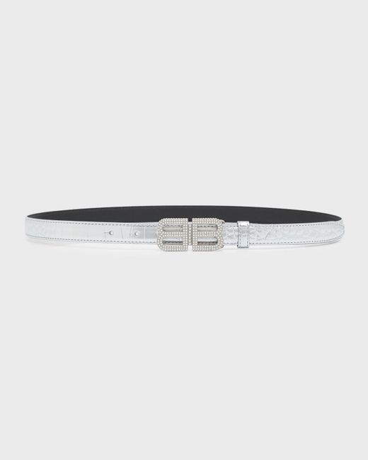 Balenciaga BB Hourglass Croc-Embossed Metallic Leather Belt With Embellishments
