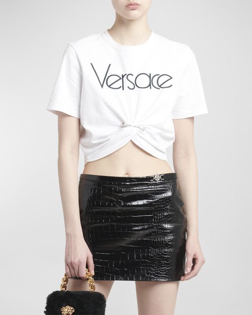 Versace Safety-Pin Logo Embroidered Crop T-Shirt