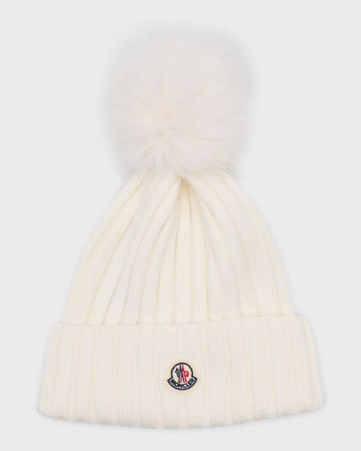 Moncler Ribbed Wool Beanie with Faux Fur Pom