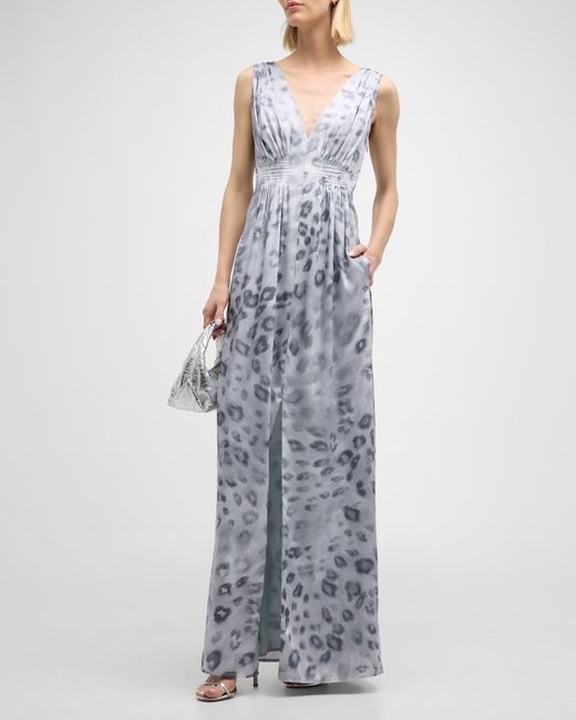 St. John Painted Leopard-Print Sleeveless Gathered Gown